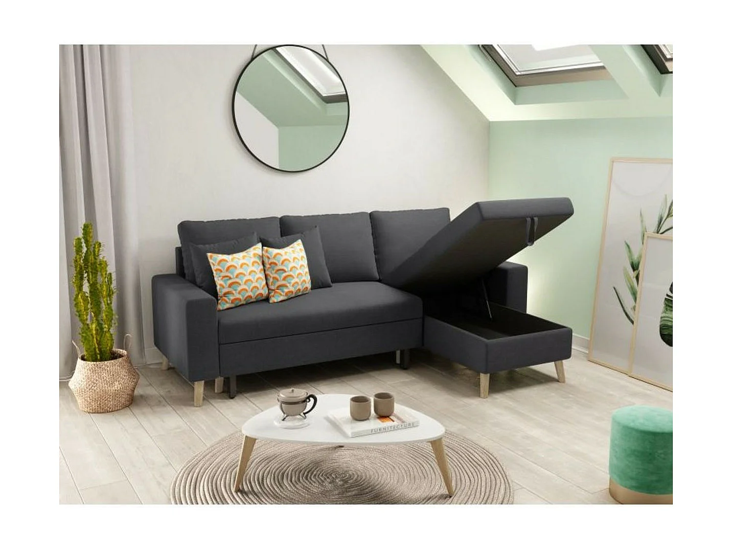 Canapé d'Angle Scandinave Réversible Convertible avec Coffre en Tissu