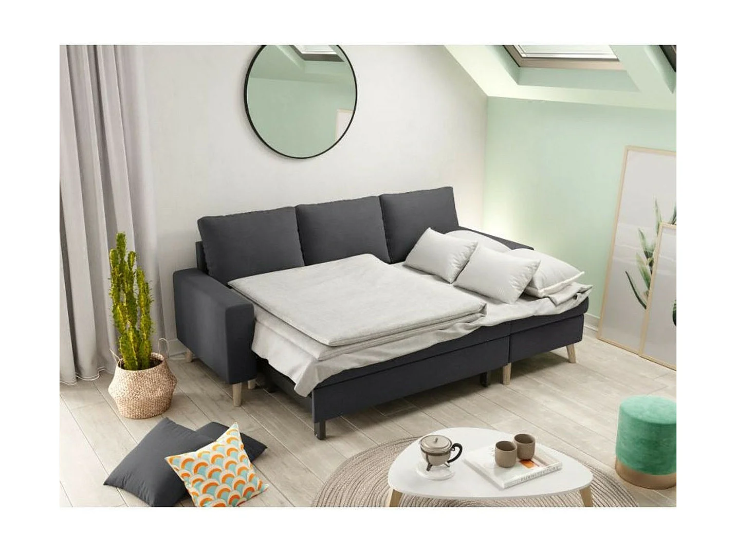 Canapé d'Angle Scandinave Réversible Convertible avec Coffre en Tissu