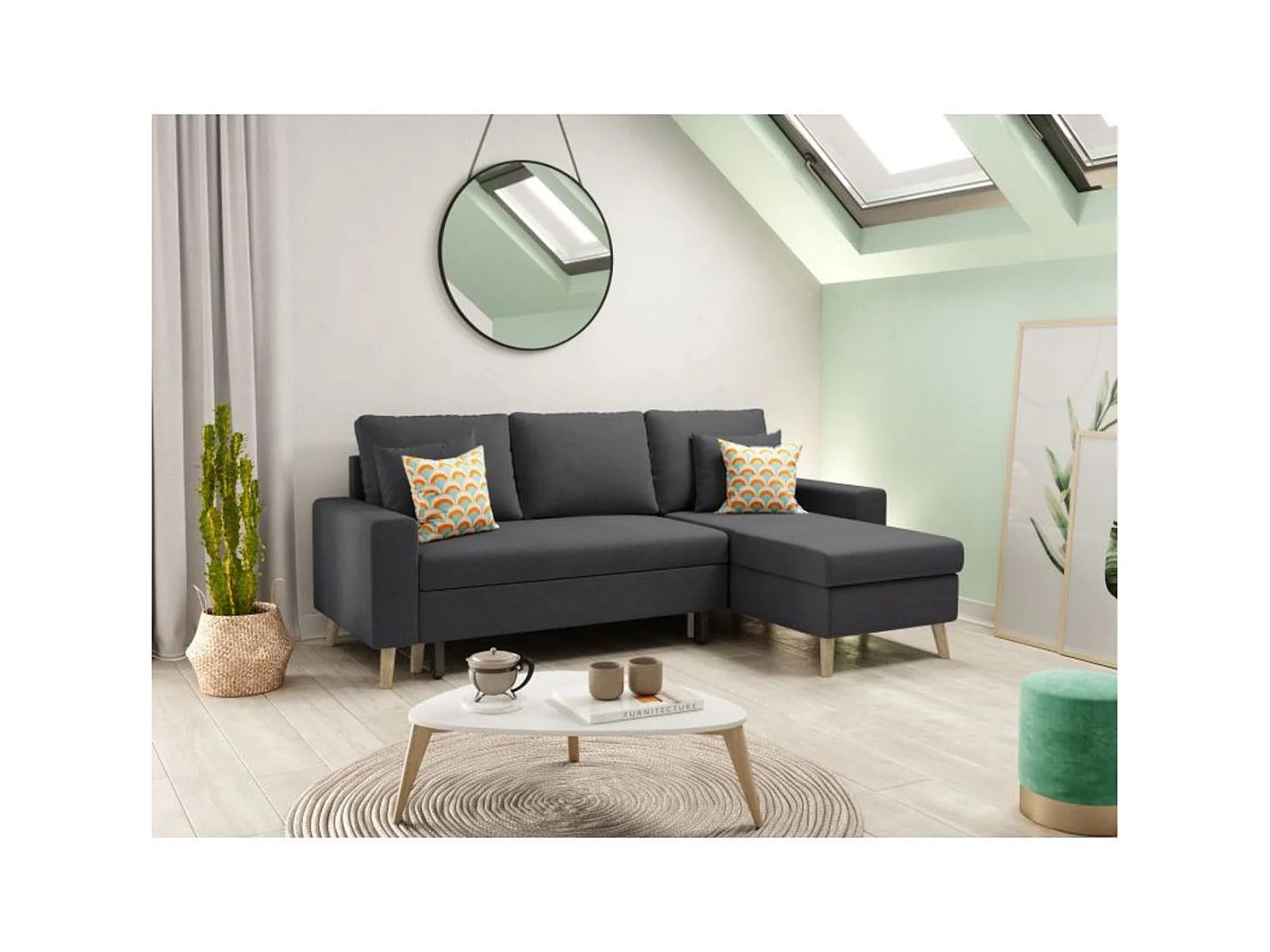 Canapé d'Angle Scandinave Réversible Convertible avec Coffre en Tissu