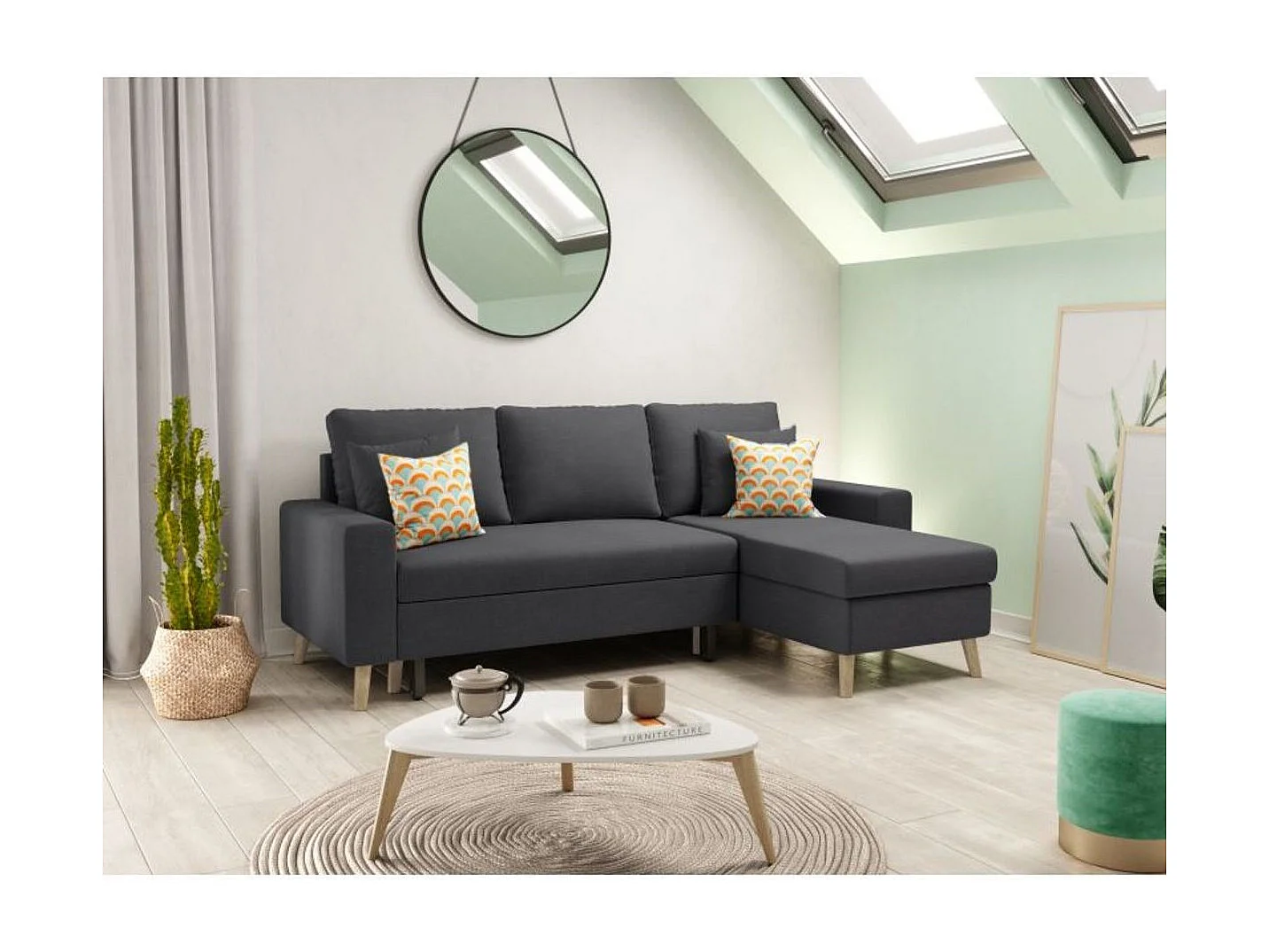 Canapé d'Angle Scandinave Réversible Convertible avec Coffre en Tissu