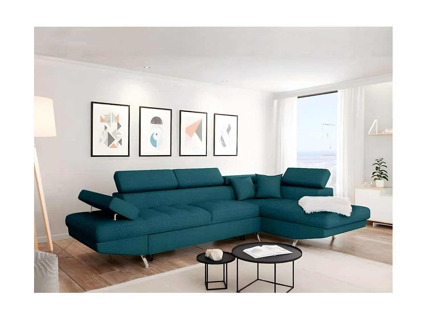 Canapé d'angle convertible droit avec coffre de rangement en tissu