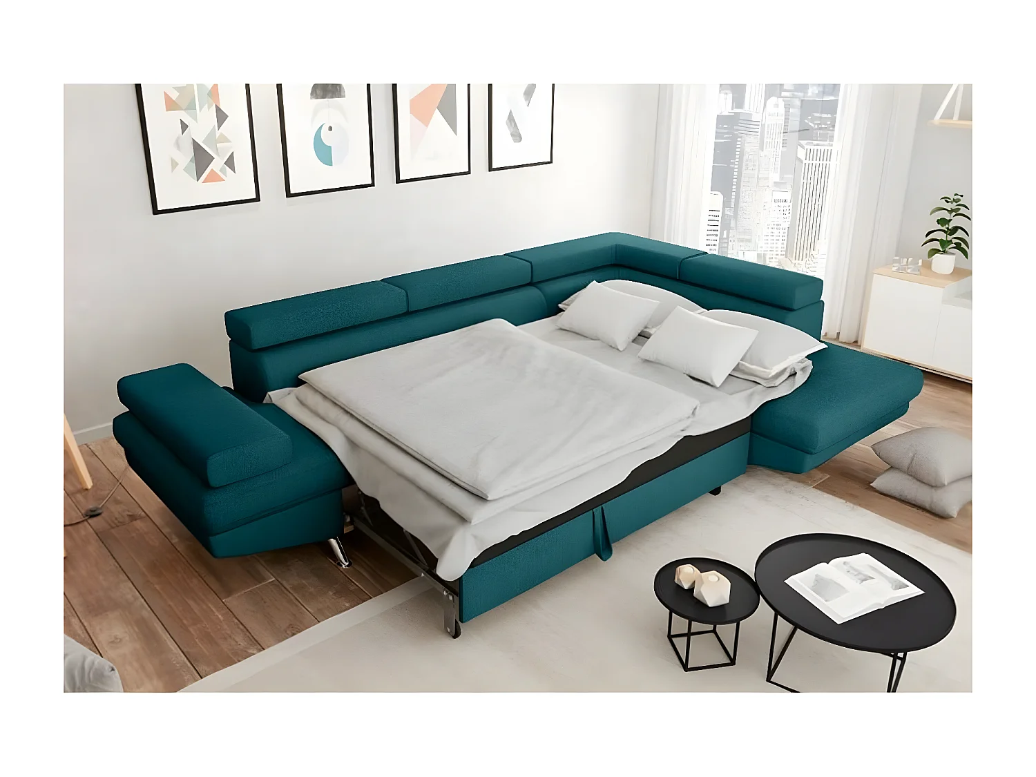 Canapé d'angle convertible droit avec coffre de rangement en tissu