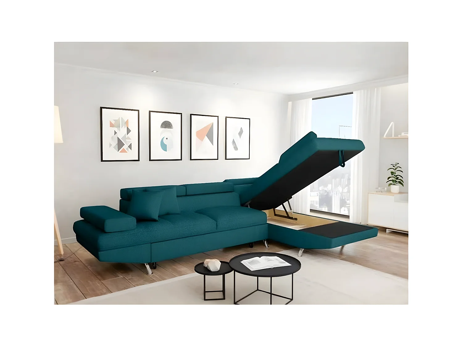 Canapé d'angle convertible droit avec coffre de rangement en tissu