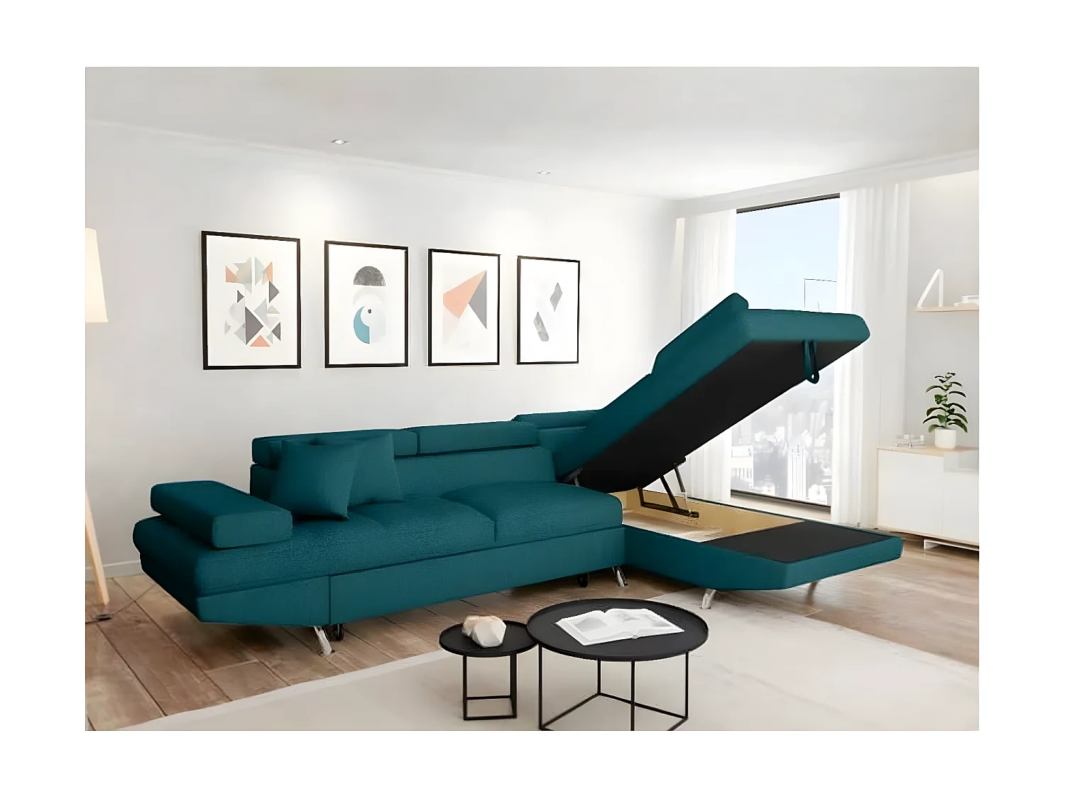 Canapé d'angle convertible droit avec coffre de rangement en tissu