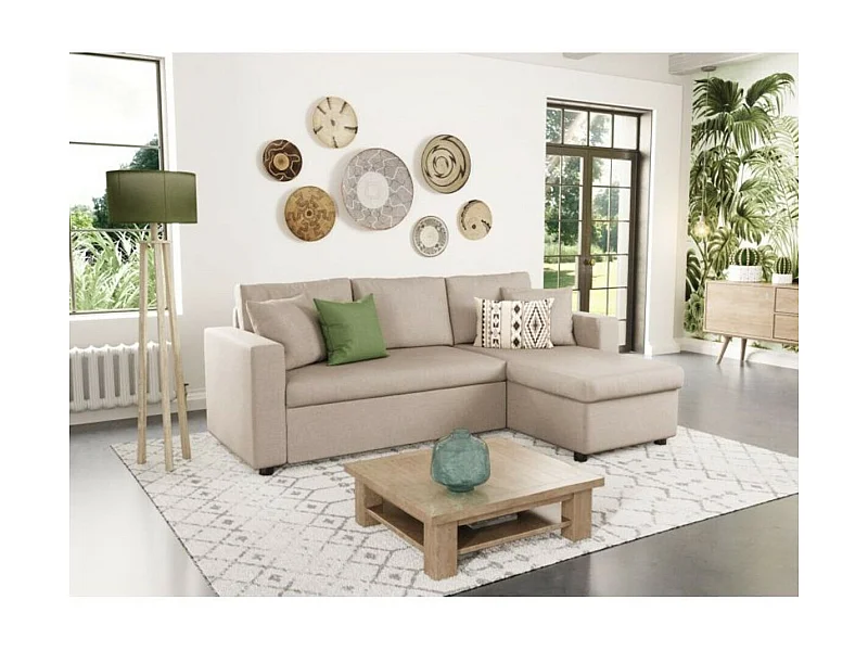 Canapé d'angle 3 places Maria réversible, convertible avec coffre en tissu - Beige - L227 x P146 x H81cm - Loungitude