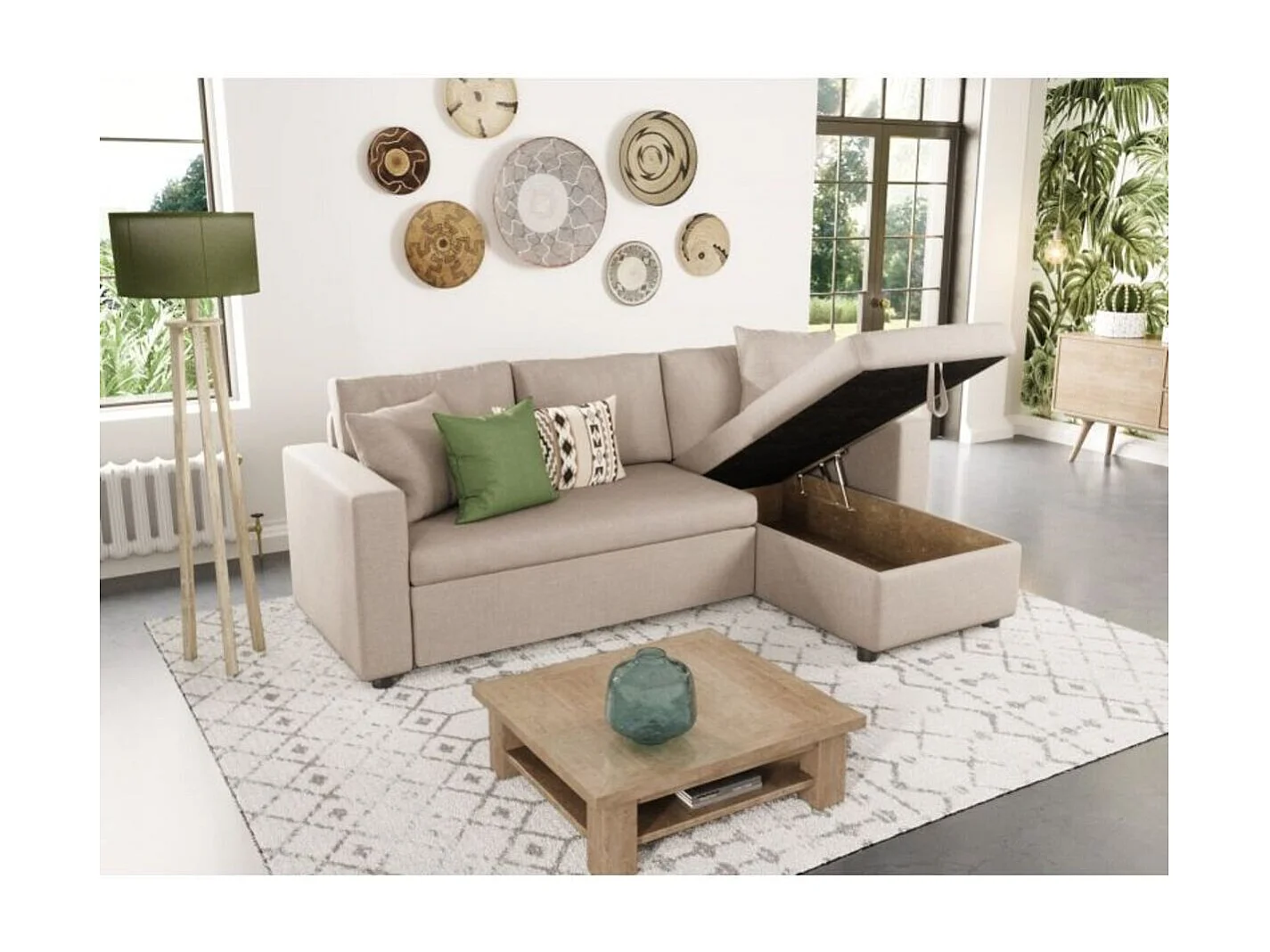 Canapé d'angle 3 places Maria réversible, convertible avec coffre en tissu - Beige - L227 x P146 x H81cm - Loungitude