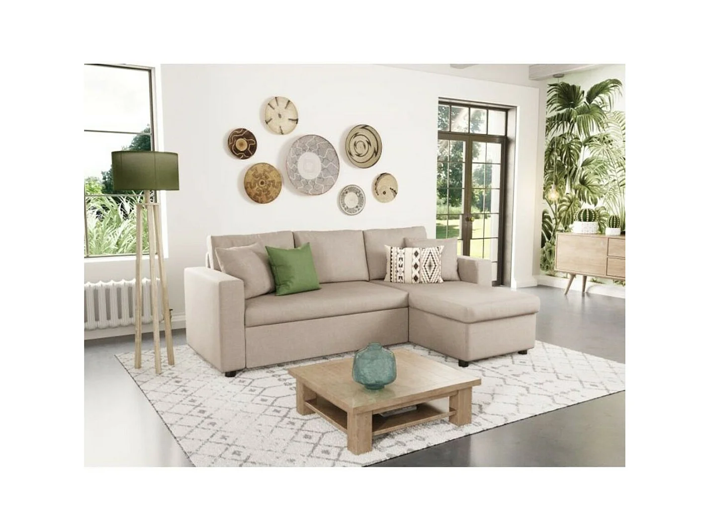 Canapé d'angle 3 places Maria réversible, convertible avec coffre en tissu - Beige - L227 x P146 x H81cm - Loungitude