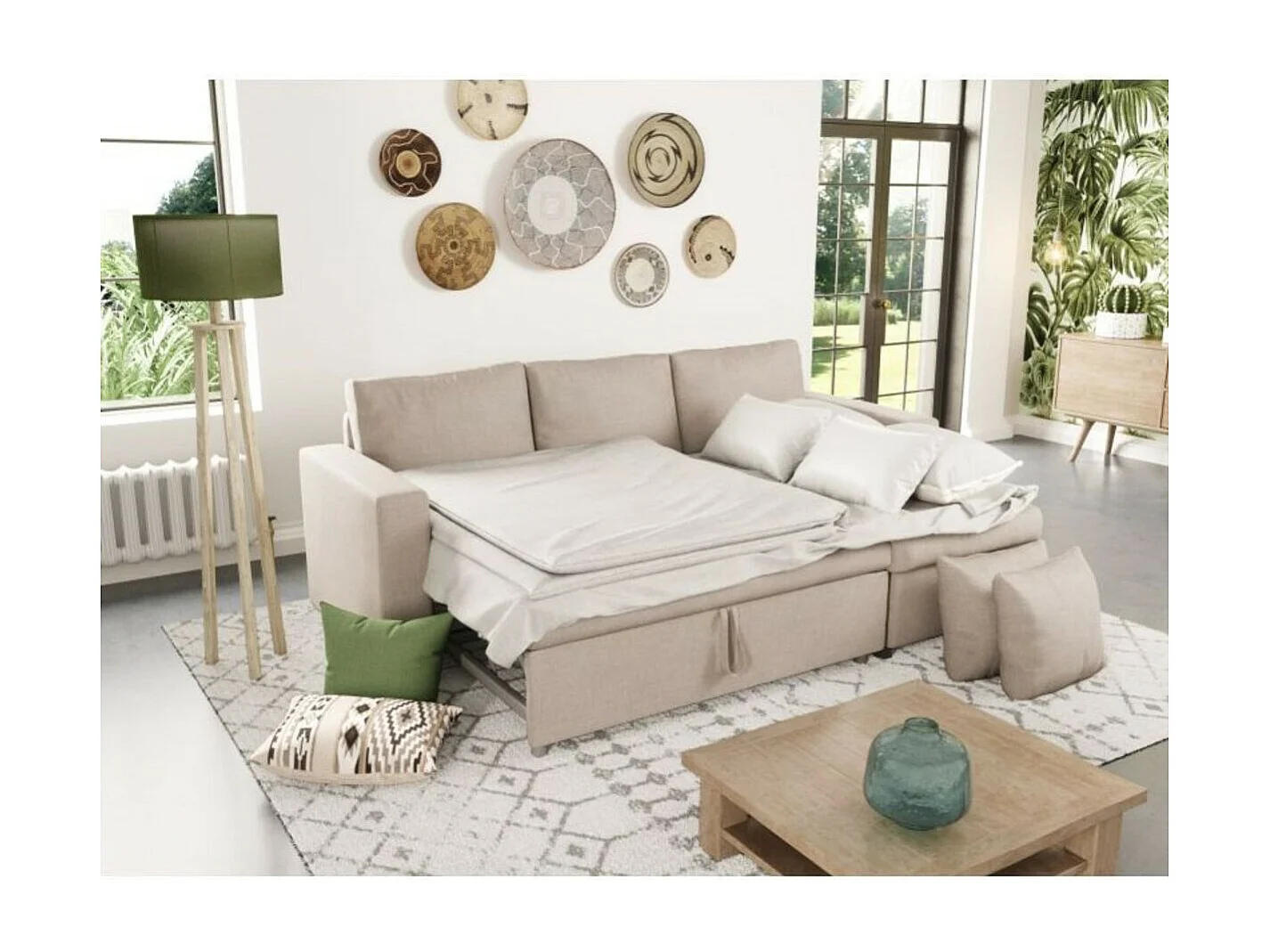 Canapé d'angle 3 places Maria réversible, convertible avec coffre en tissu - Beige - L227 x P146 x H81cm - Loungitude