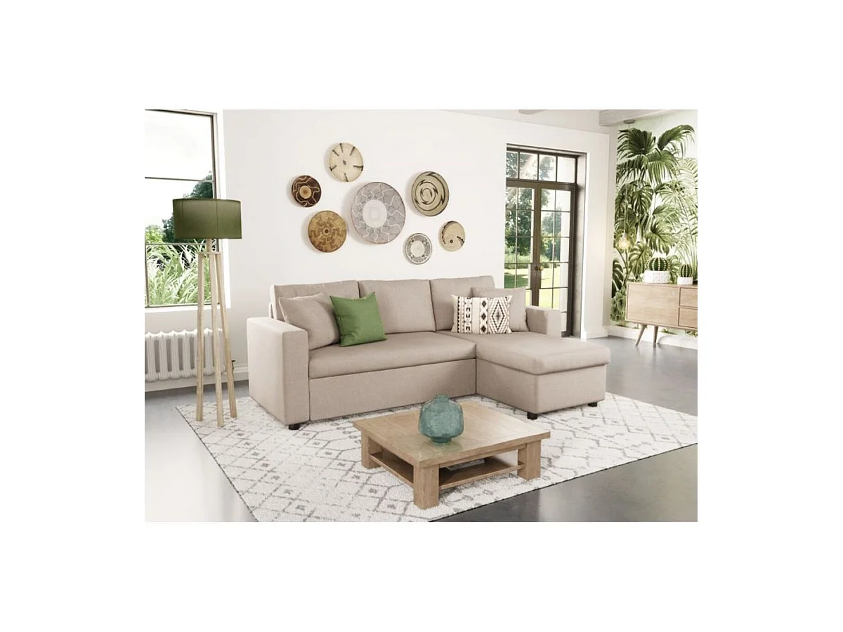 Canapé d'angle 3 places Maria réversible, convertible avec coffre en tissu - Beige - L227 x P146 x H81cm - Loungitude