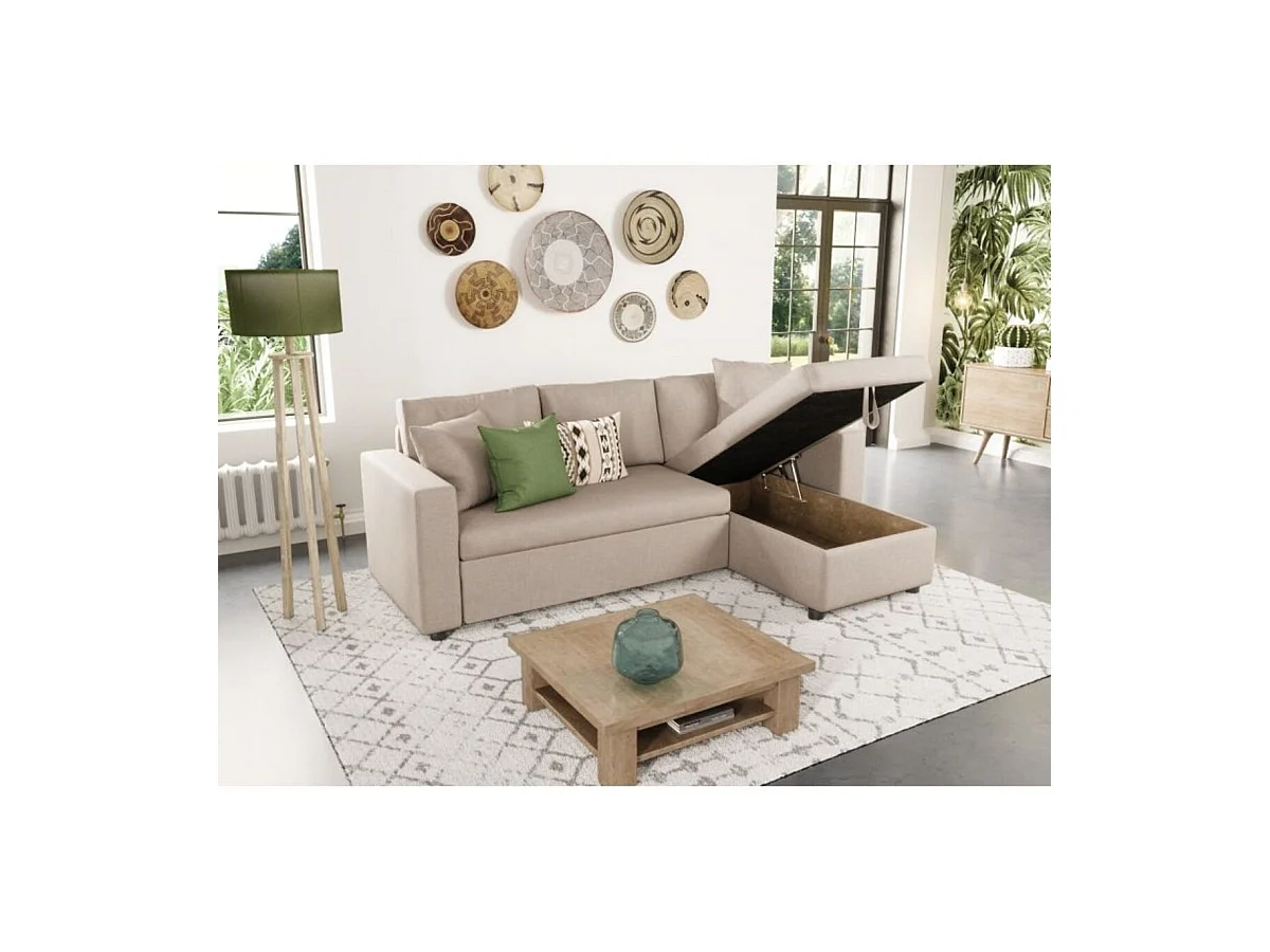 Canapé d'angle 3 places Maria réversible, convertible avec coffre en tissu - Beige - L227 x P146 x H81cm - Loungitude