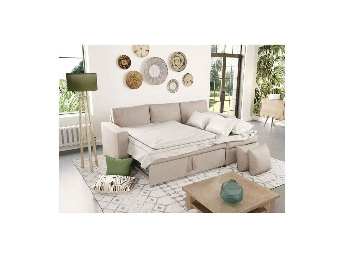 Canapé d'angle 3 places Maria réversible, convertible avec coffre en tissu - Beige - L227 x P146 x H81cm - Loungitude