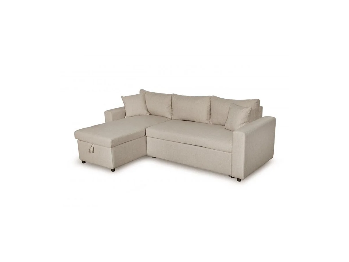 Canapé d'angle 3 places Maria réversible, convertible avec coffre en tissu - Beige - L227 x P146 x H81cm - Loungitude