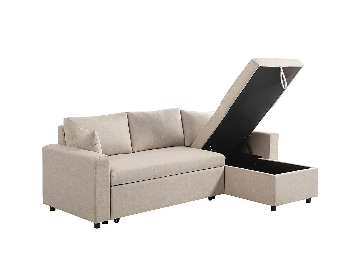 Canapé d'angle 3 places Maria réversible, convertible avec coffre en tissu - Beige - L227 x P146 x H81cm - Loungitude