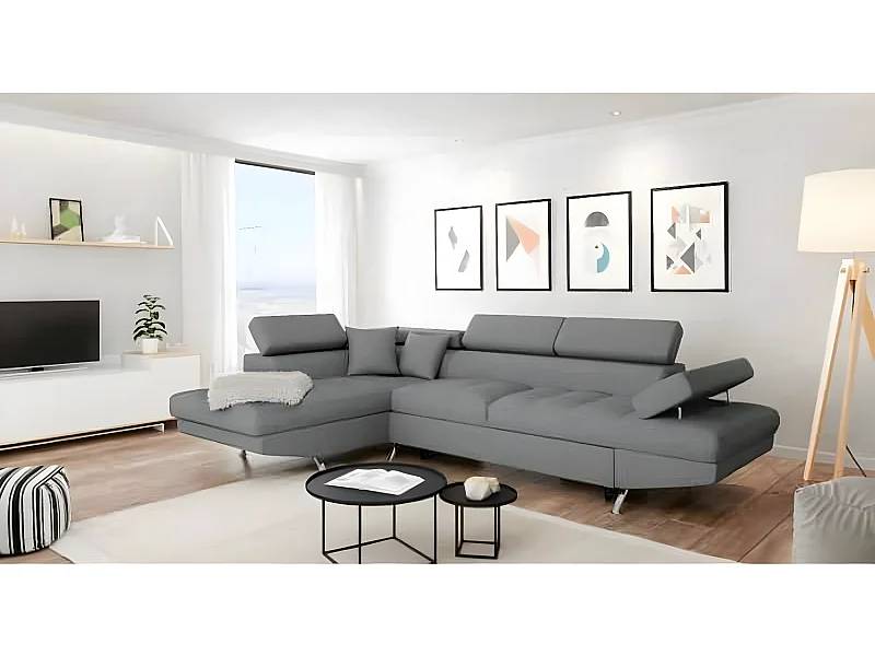 Canapé d'angle gauche 5 places Rio Convertible avec coffre en tissu - Gris clair - L271 x P192 x H70cm - Loungitude