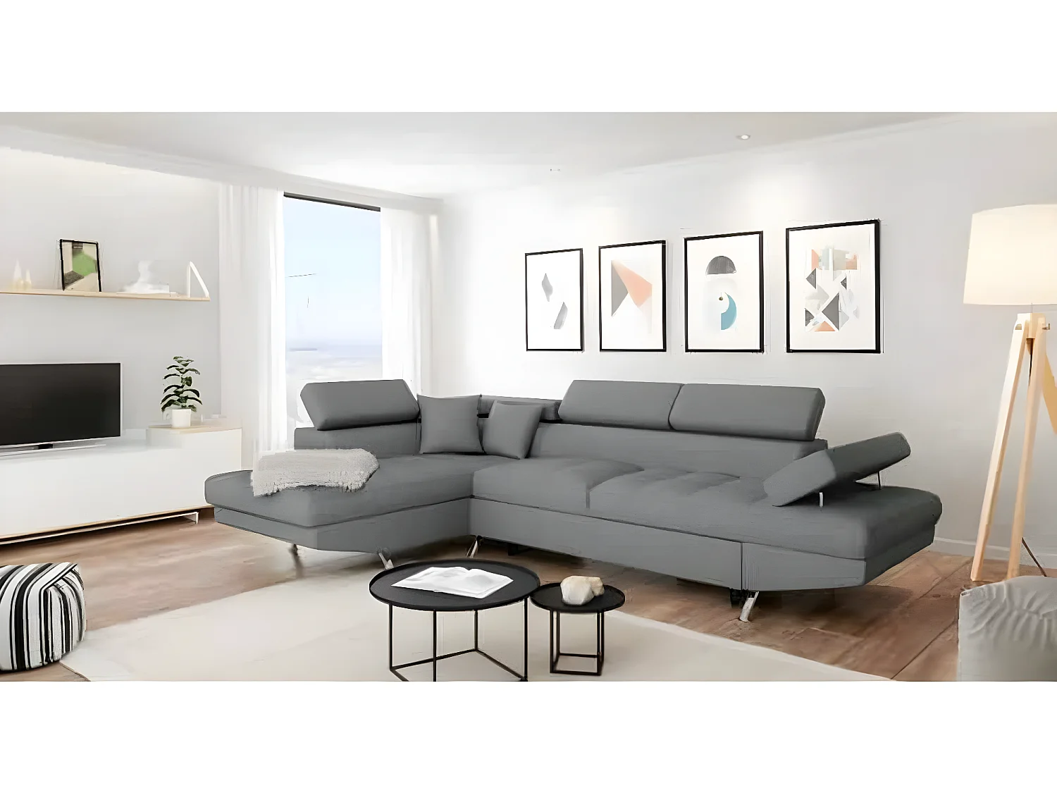 Canapé d'angle gauche 5 places Rio Convertible avec coffre en tissu - Gris clair - L271 x P192 x H70cm - Loungitude