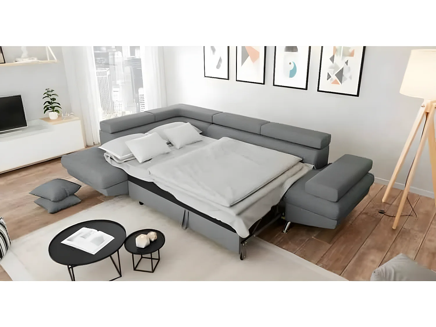Canapé d'angle gauche 5 places Rio Convertible avec coffre en tissu - Gris clair - L271 x P192 x H70cm - Loungitude