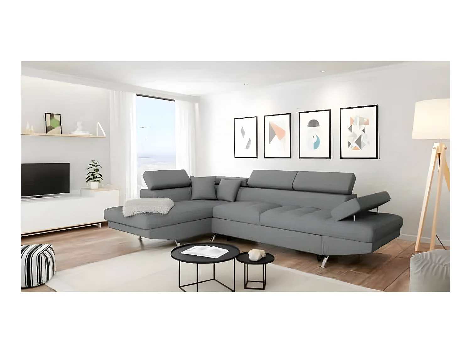 Canapé d'angle gauche 5 places Rio Convertible avec coffre en tissu - Gris clair - L271 x P192 x H70cm - Loungitude