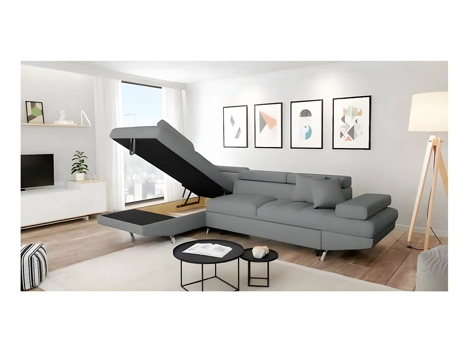 Canapé d'angle gauche 5 places Rio Convertible avec coffre en tissu - Gris clair - L271 x P192 x H70cm - Loungitude