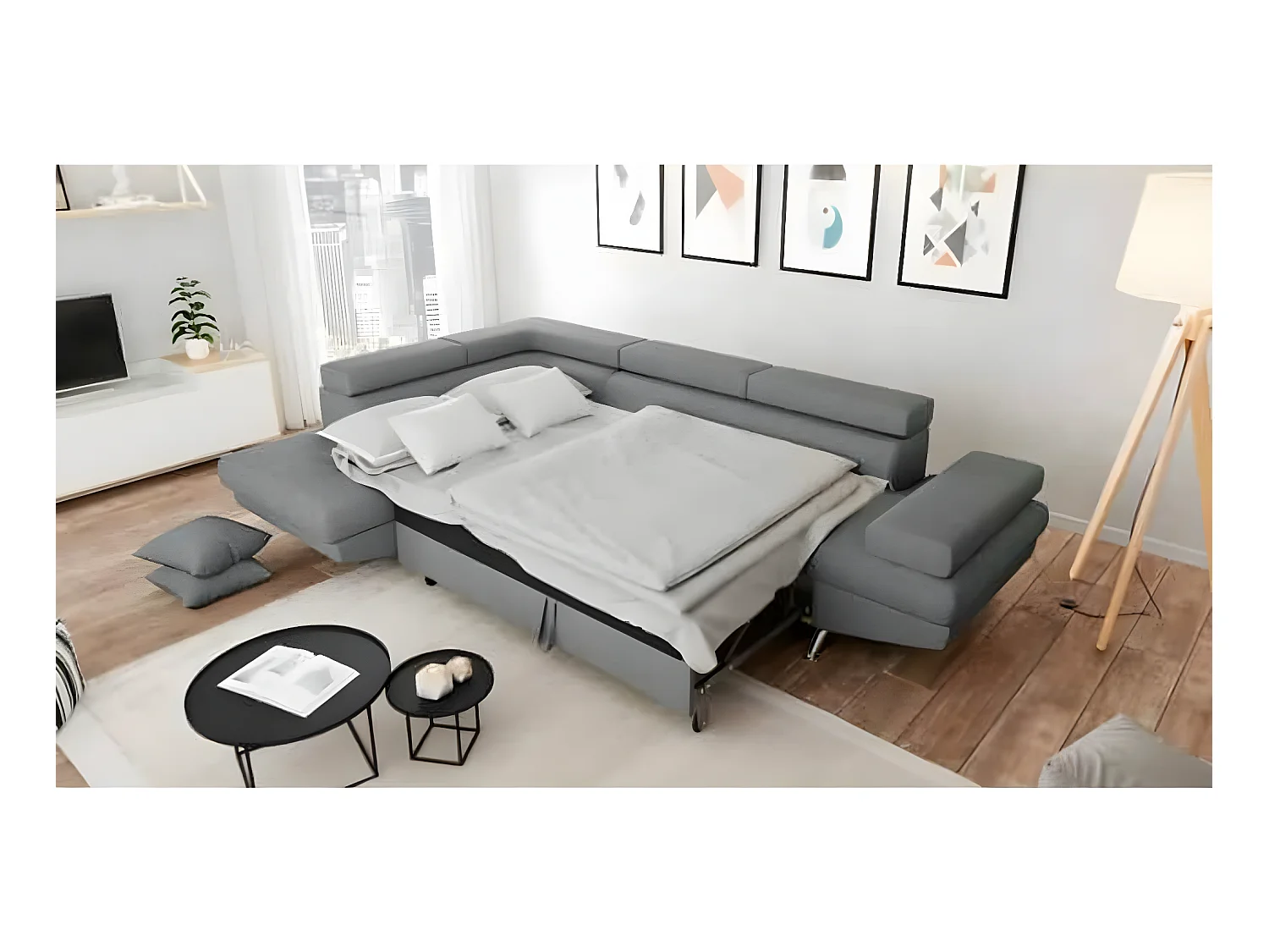 Canapé d'angle gauche 5 places Rio Convertible avec coffre en tissu - Gris clair - L271 x P192 x H70cm - Loungitude
