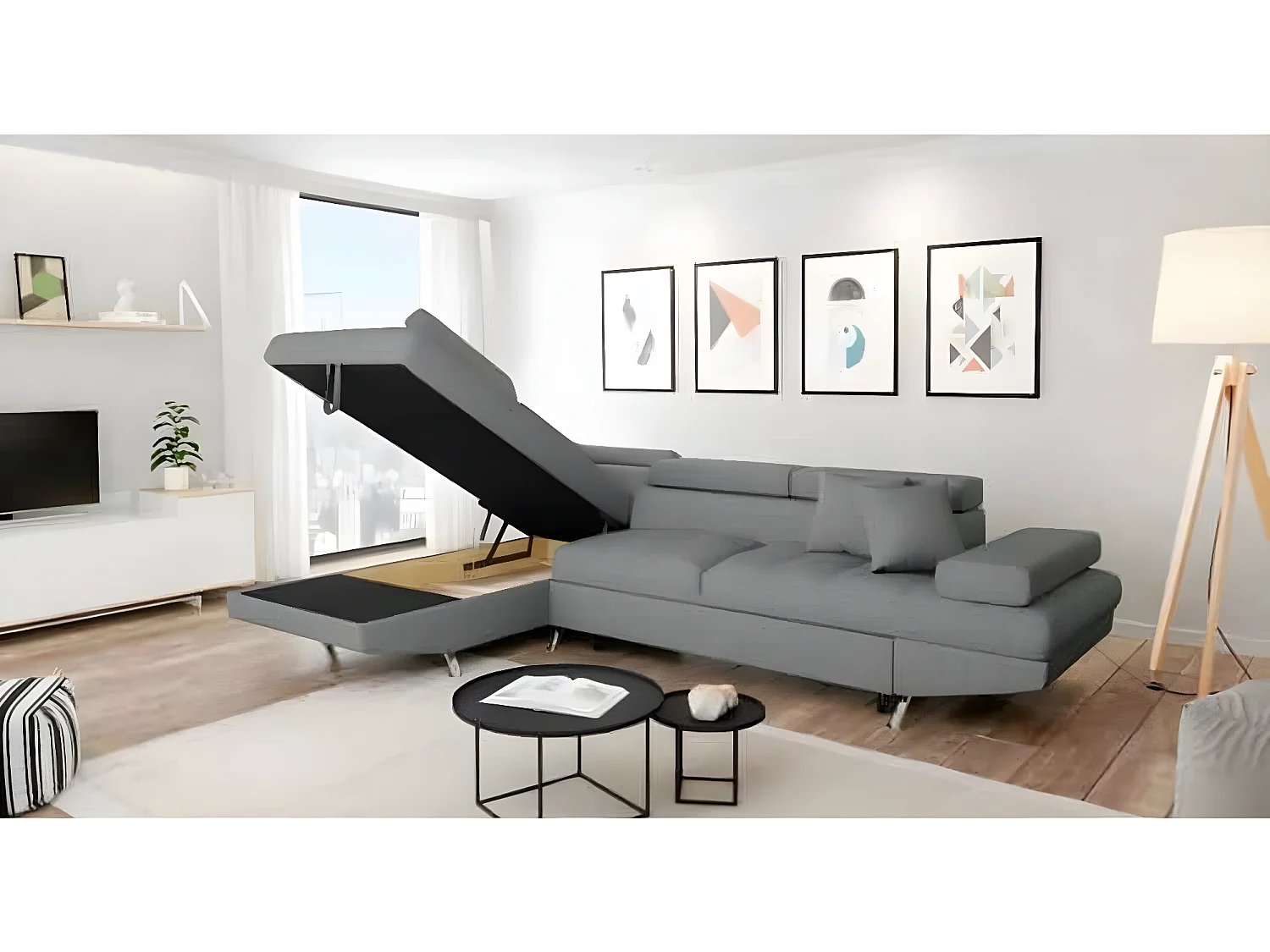 Canapé d'angle gauche 5 places Rio convertible avec coffre en tissu - Gris clair - L271 x P192 x H70cm - Loungitude