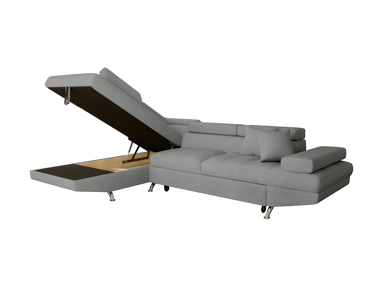 Canapé d'angle gauche 5 places Rio convertible avec coffre en tissu - Gris clair - L271 x P192 x H70cm - Loungitude