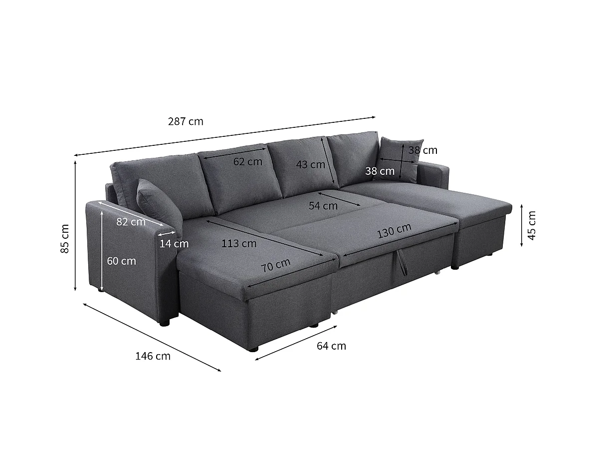 Canapé Panoramique Convertible avec 2 Coffres en Tissu
