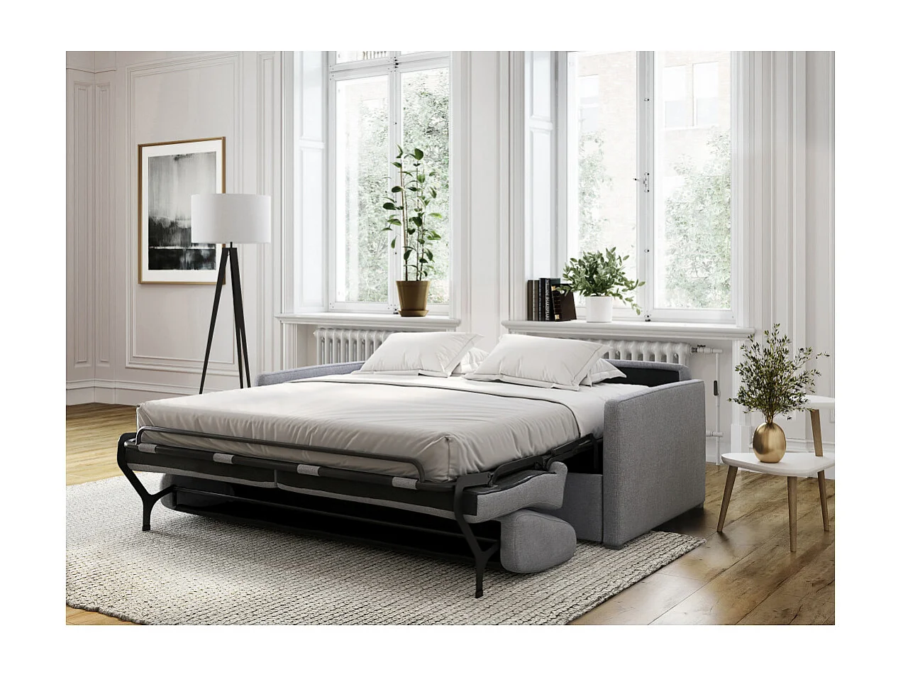 Canapé convertible express 3 places en tissu gris clair ALICE