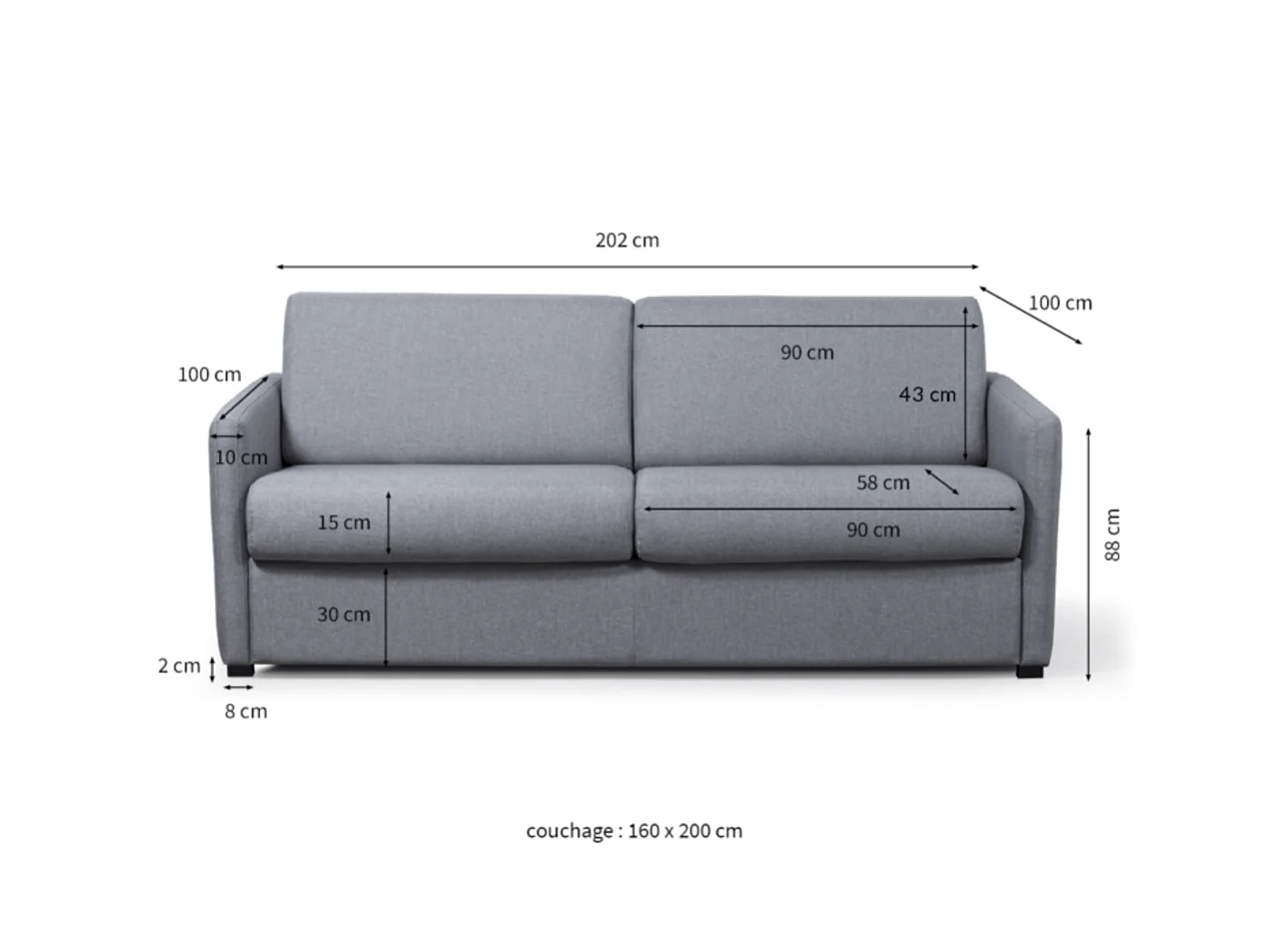 Canapé convertible express 3 places en tissu gris clair ALICE
