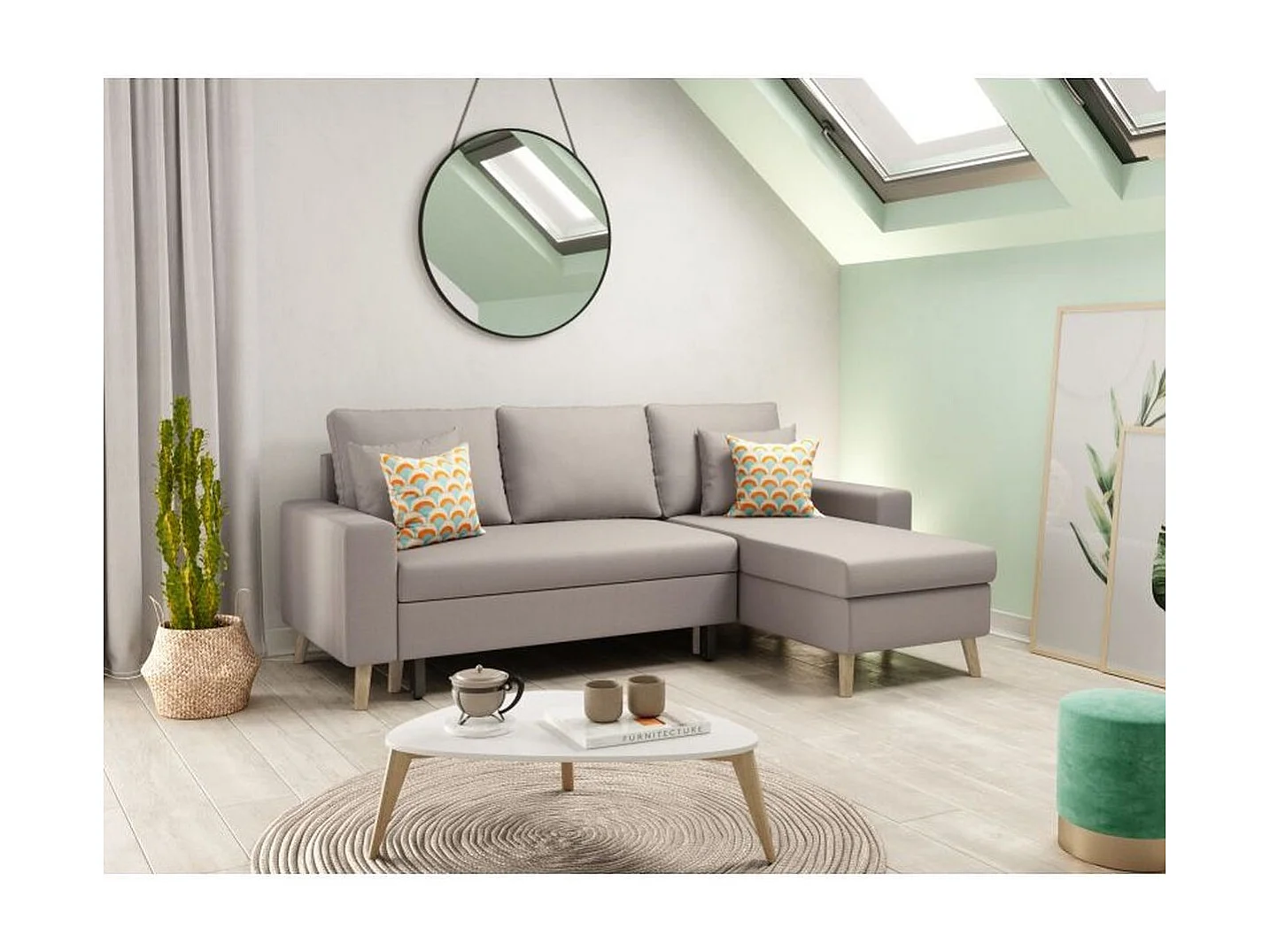 Canapé d'Angle Scandinave Réversible Convertible avec Coffre en Tissu