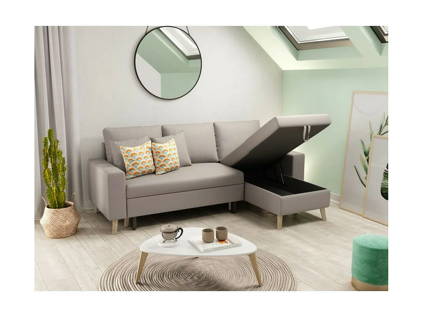 Canapé d'Angle Scandinave Réversible Convertible avec Coffre en Tissu