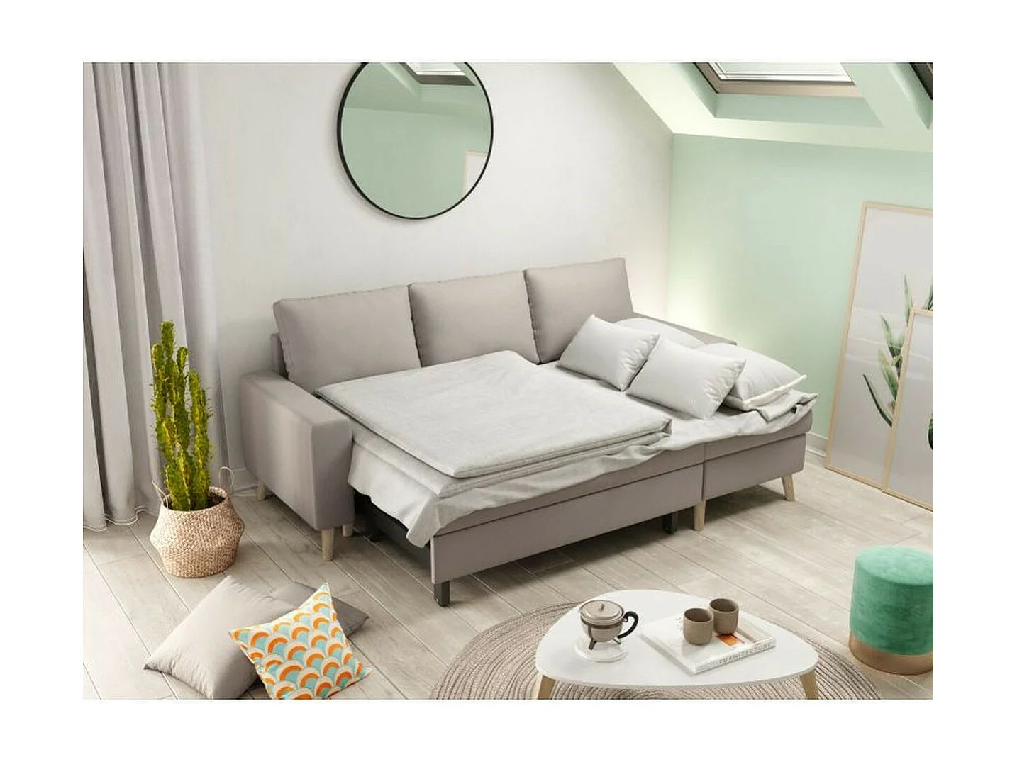 Canapé d'Angle Scandinave Réversible Convertible avec Coffre en Tissu