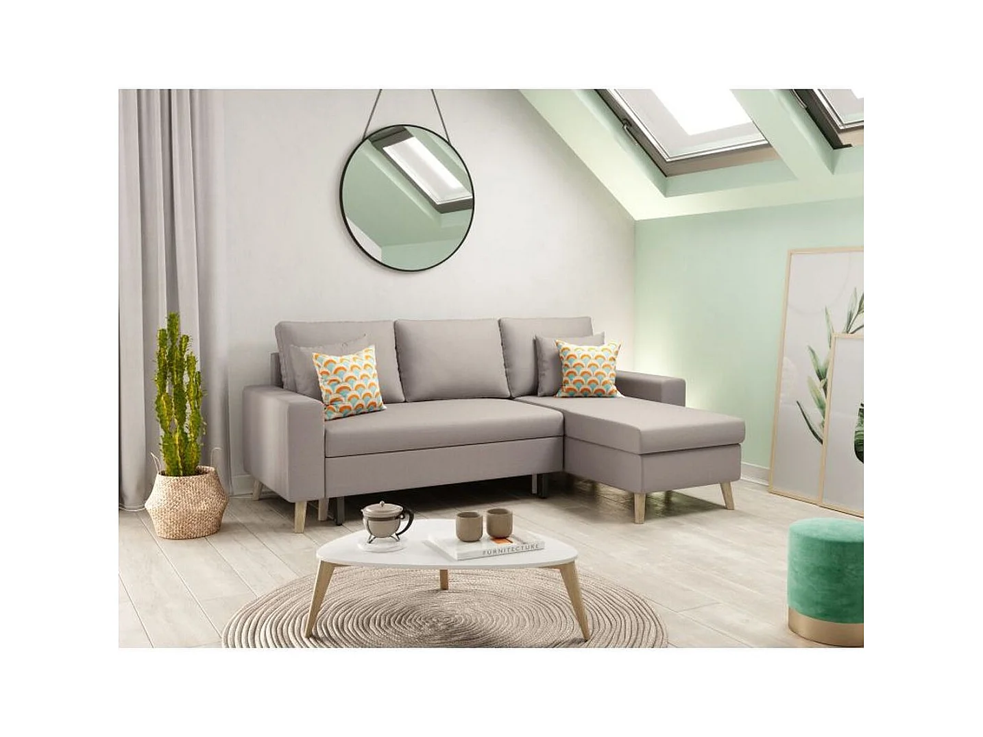 Canapé d'Angle Scandinave Réversible Convertible avec Coffre en Tissu