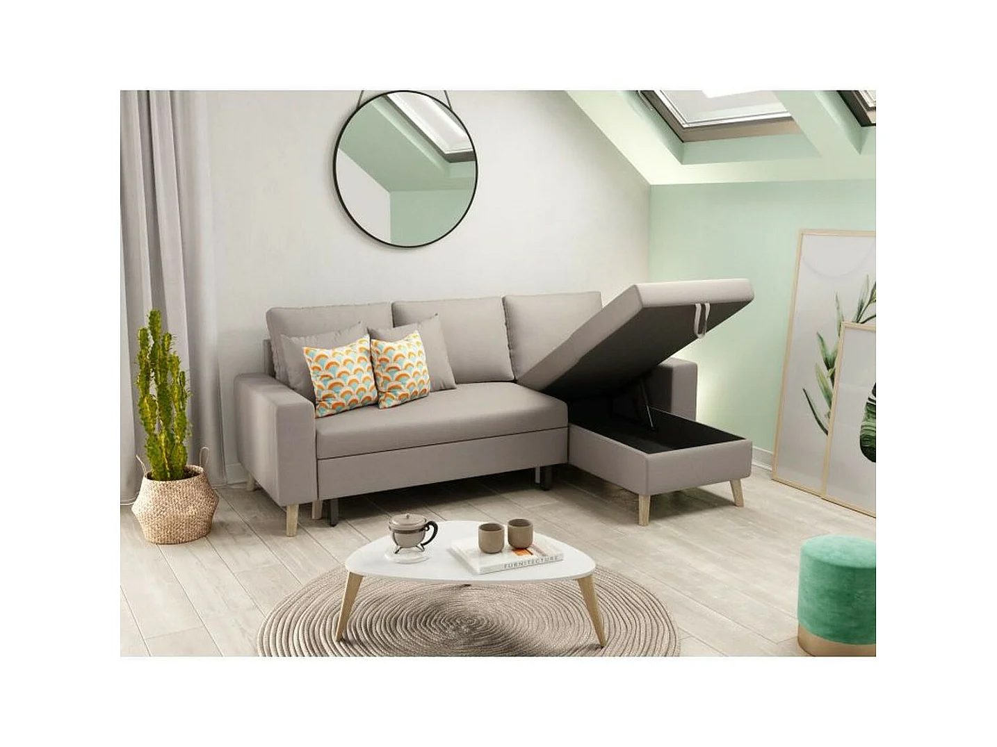 Canapé d'Angle Scandinave Réversible Convertible avec Coffre en Tissu