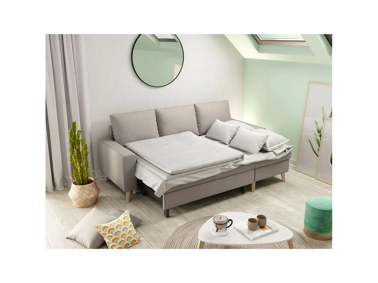 Canapé d'Angle Scandinave Réversible Convertible avec Coffre en Tissu