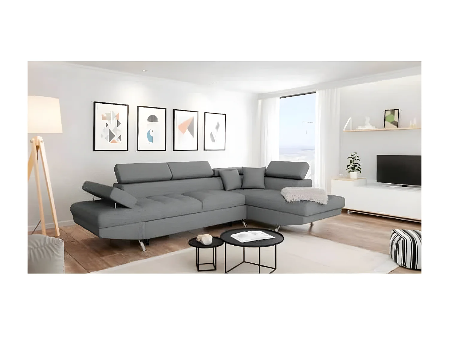 Canapé d'angle convertible droit avec coffre de rangement en tissu