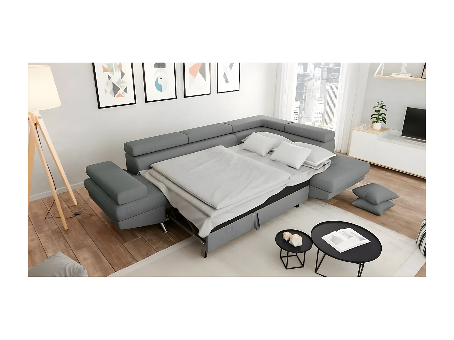 Canapé d'angle convertible droit avec coffre de rangement en tissu