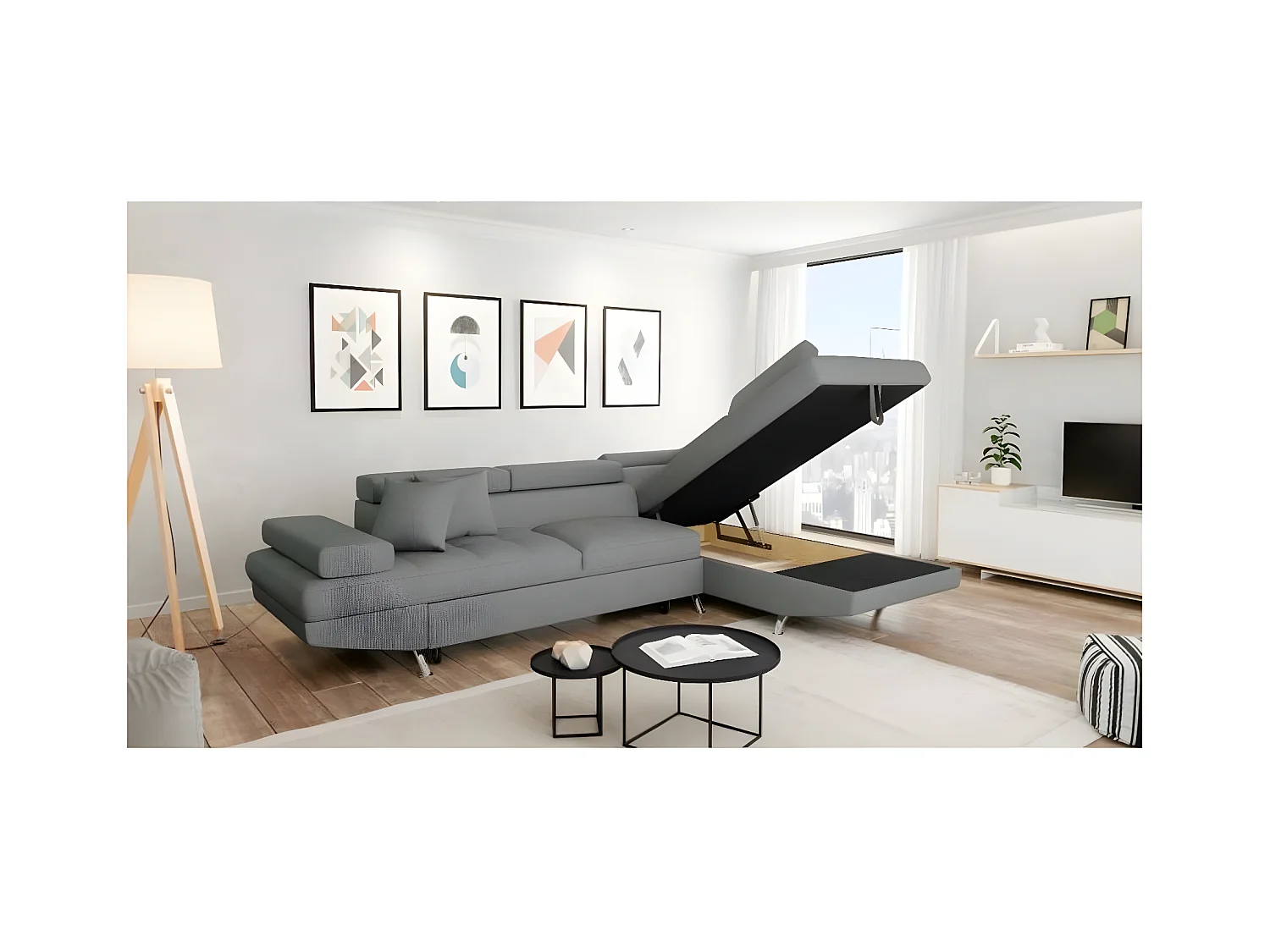 Canapé d'angle convertible droit avec coffre de rangement en tissu