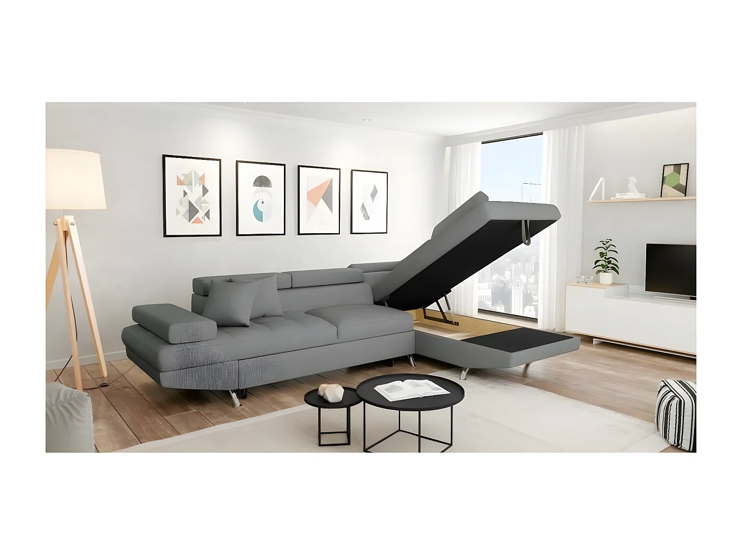 Canapé d'angle convertible droit avec coffre de rangement en tissu