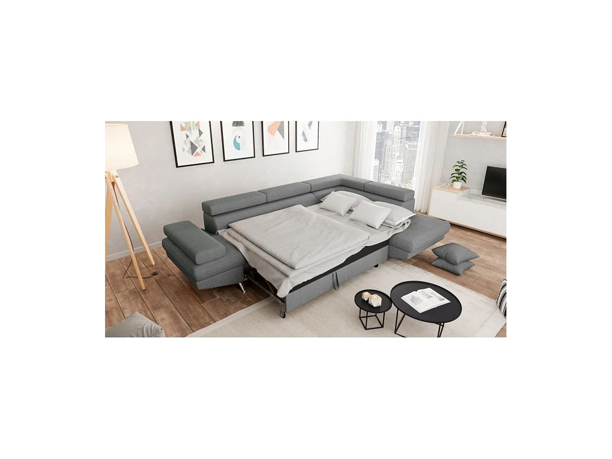 Canapé d'angle convertible droit avec coffre de rangement en tissu