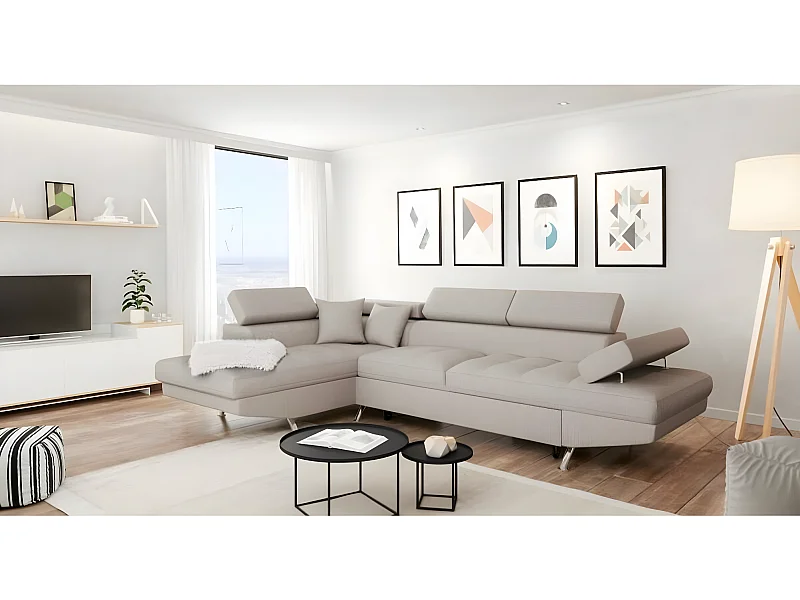 Canapé d'angle gauche 5 places Rio Convertible avec coffre en tissu - Beige - L271 x P192 x H70cm - Loungitude