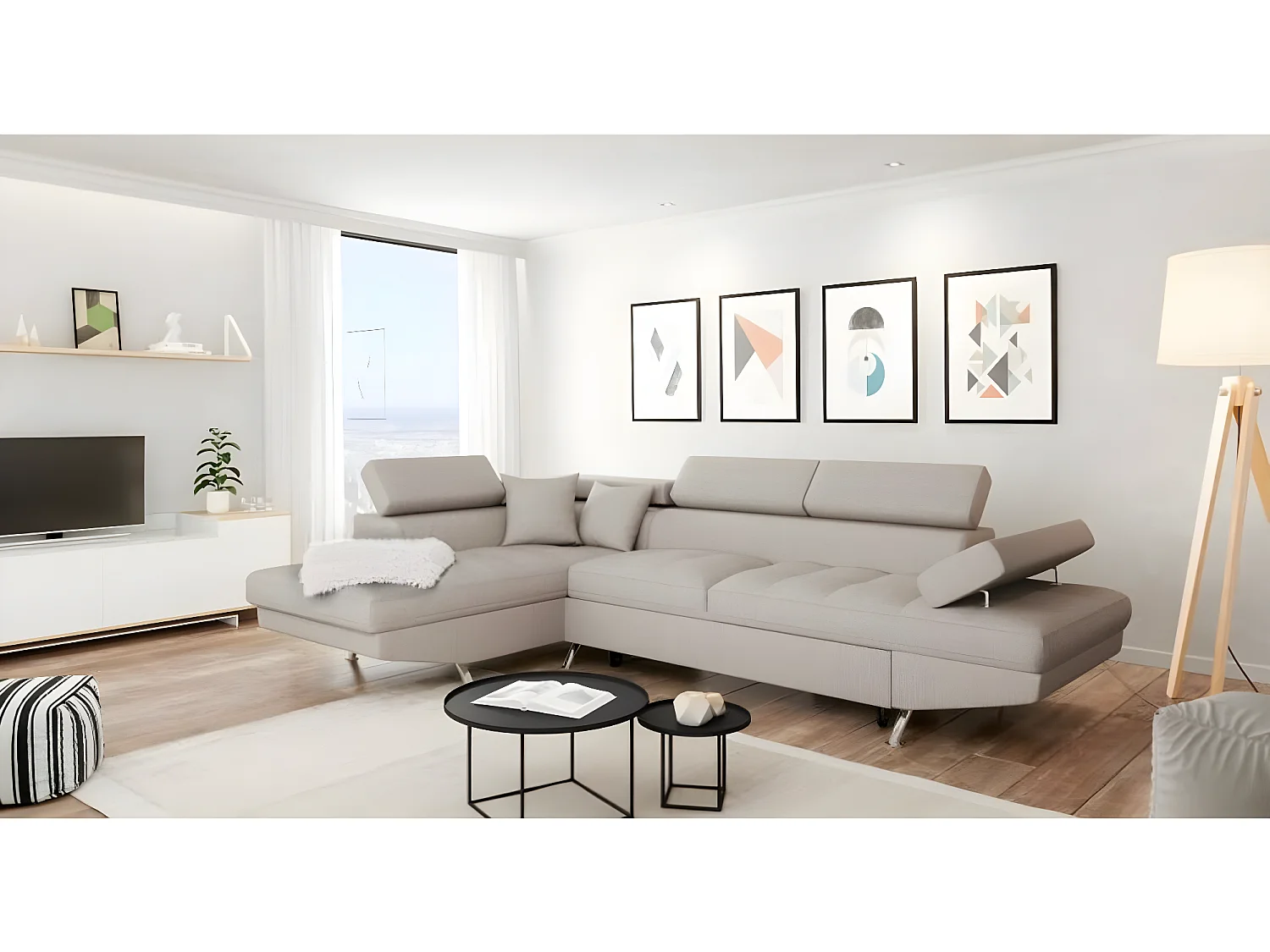 Canapé d'angle gauche 5 places Rio Convertible avec coffre en tissu - Beige - L271 x P192 x H70cm - Loungitude