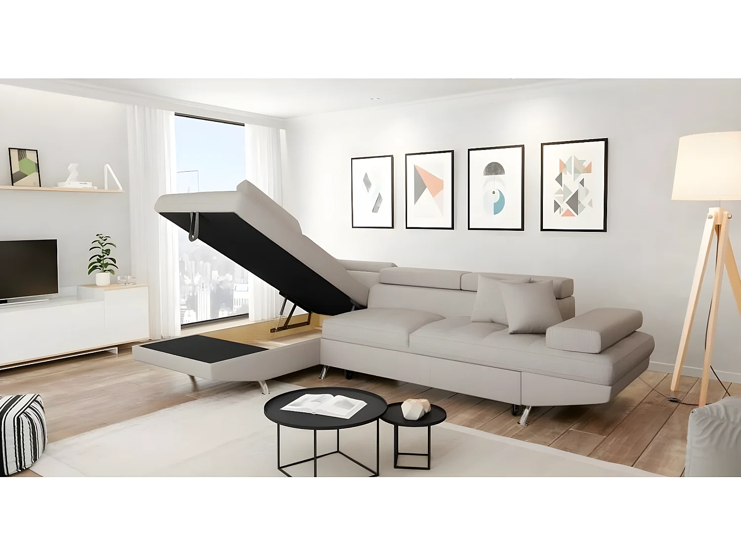 Canapé d'angle gauche 5 places Rio Convertible avec coffre en tissu - Beige - L271 x P192 x H70cm - Loungitude