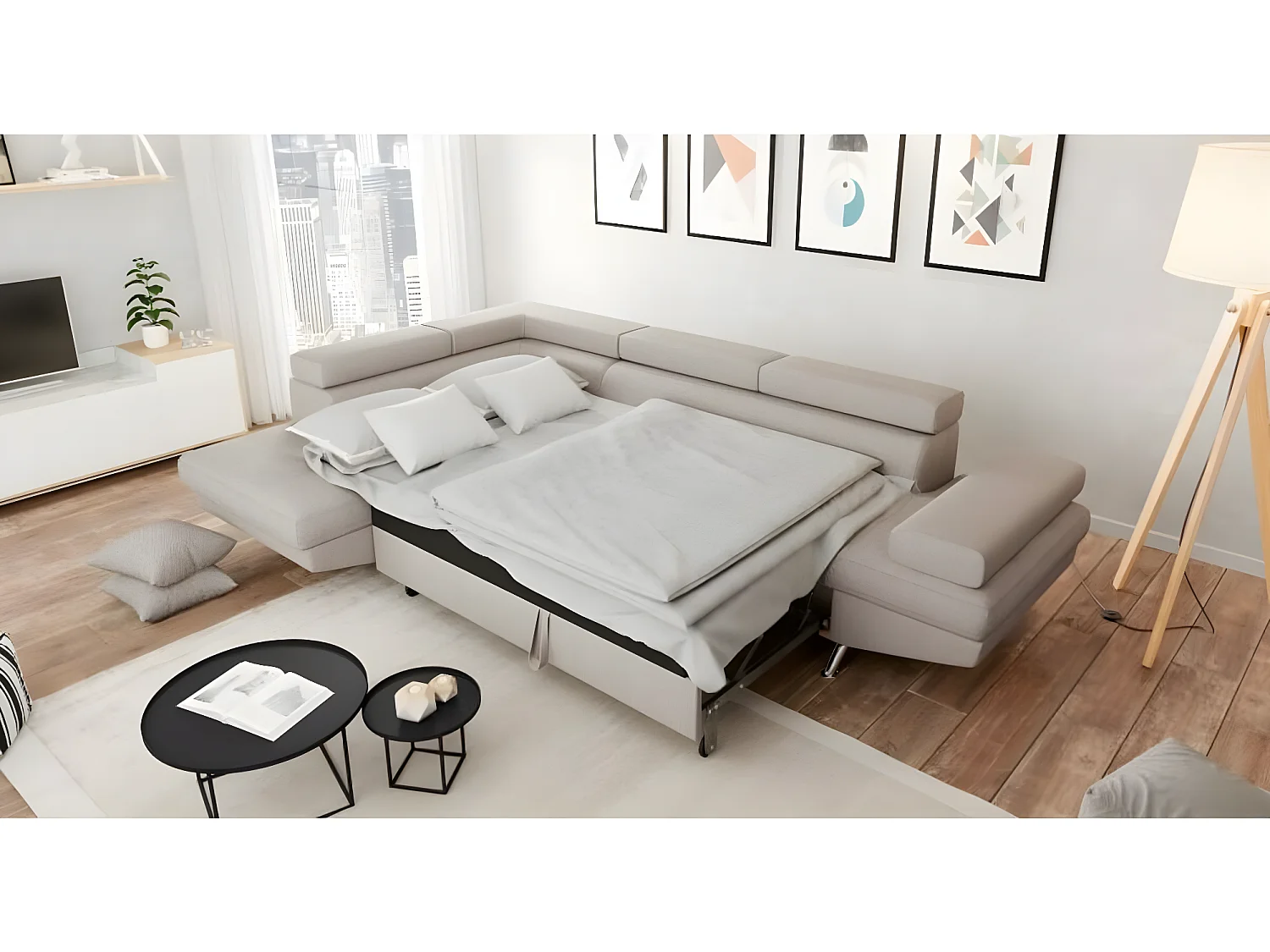 Canapé d'angle gauche 5 places Rio Convertible avec coffre en tissu - Beige - L271 x P192 x H70cm - Loungitude