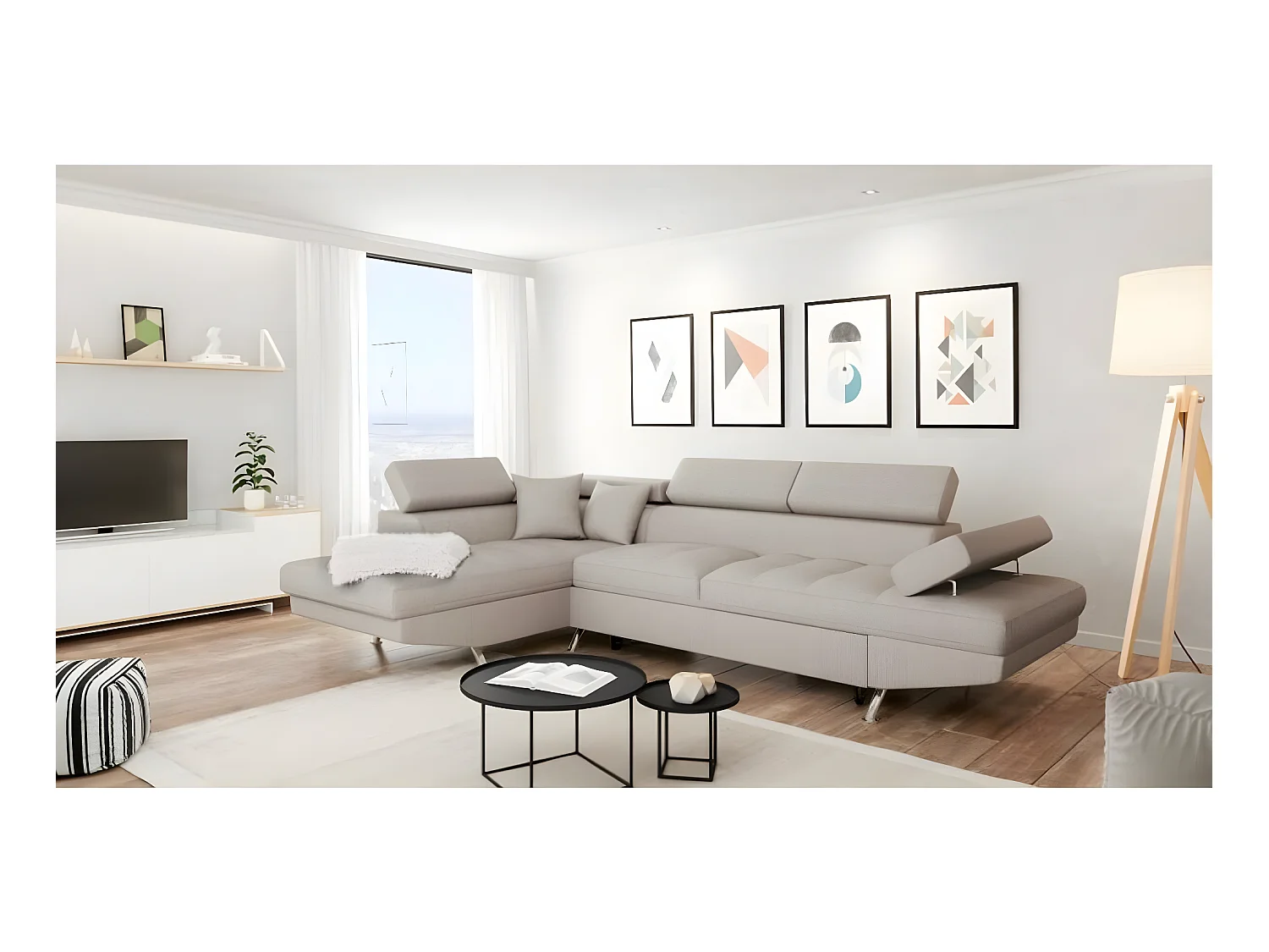 Canapé d'angle gauche 5 places Rio Convertible avec coffre en tissu - Beige - L271 x P192 x H70cm - Loungitude
