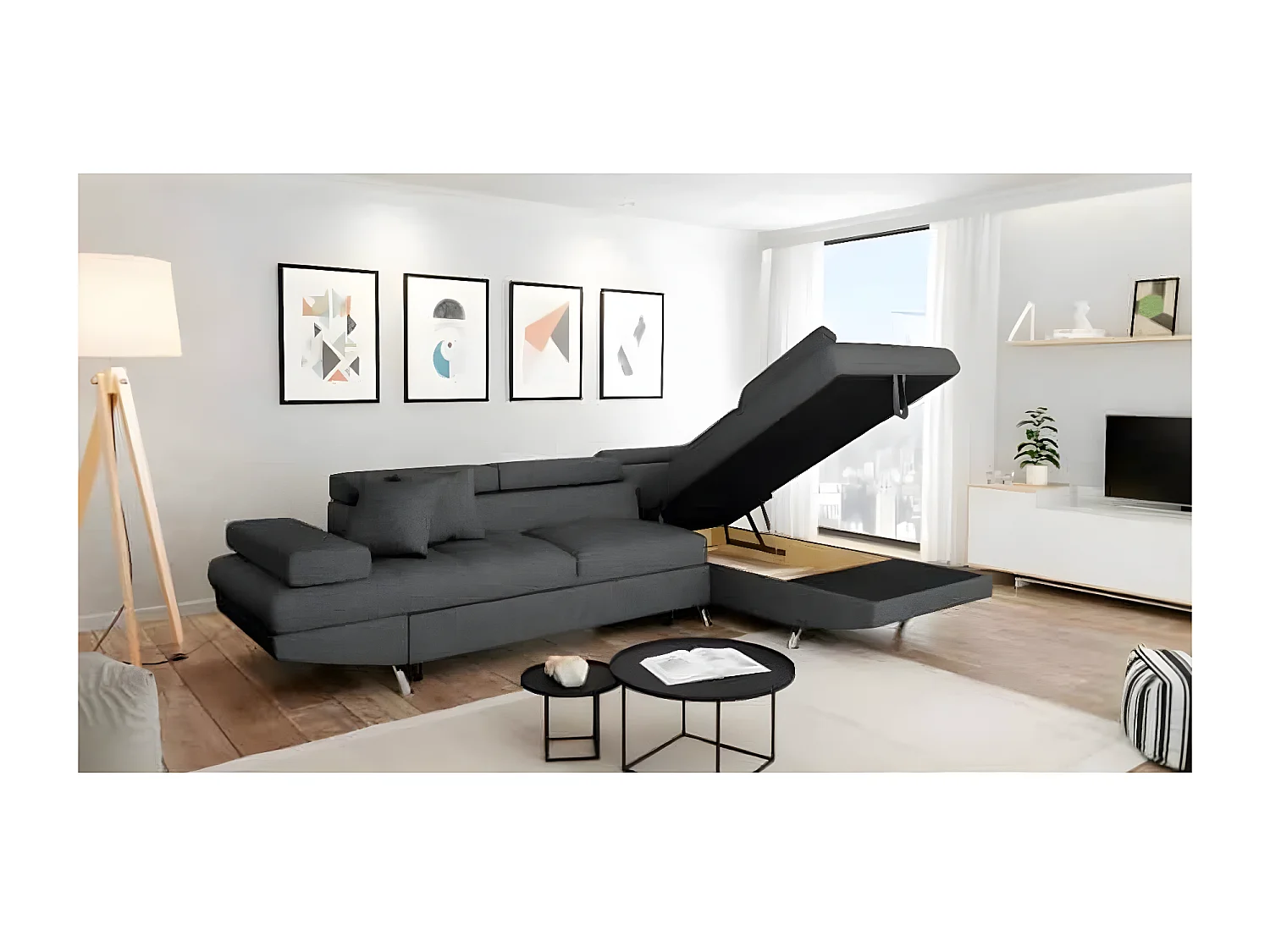 Canapé d'angle convertible droit avec coffre de rangement en tissu