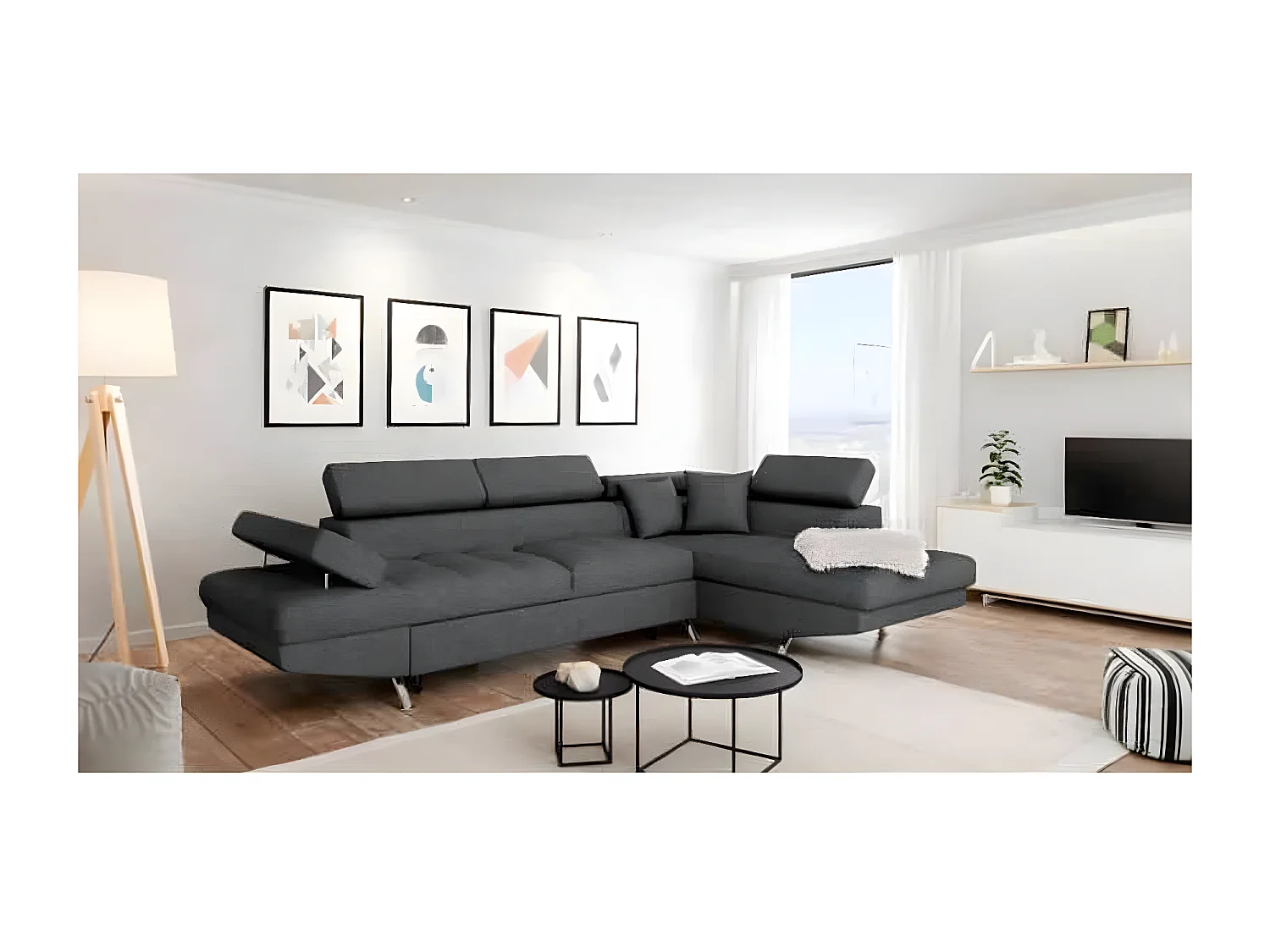 Canapé d'angle convertible droit avec coffre de rangement en tissu