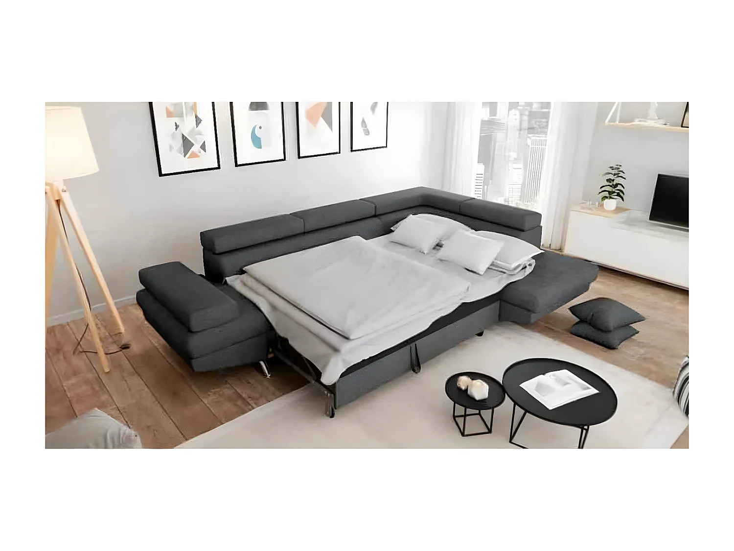 Canapé d'angle convertible droit avec coffre de rangement en tissu