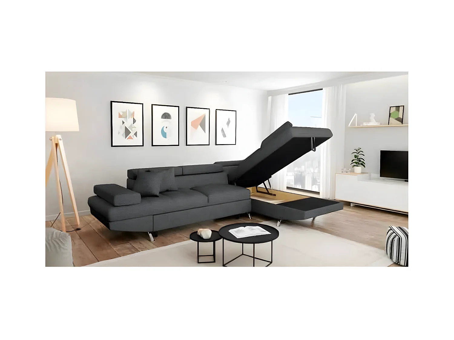 Canapé d'angle convertible droit avec coffre de rangement en tissu
