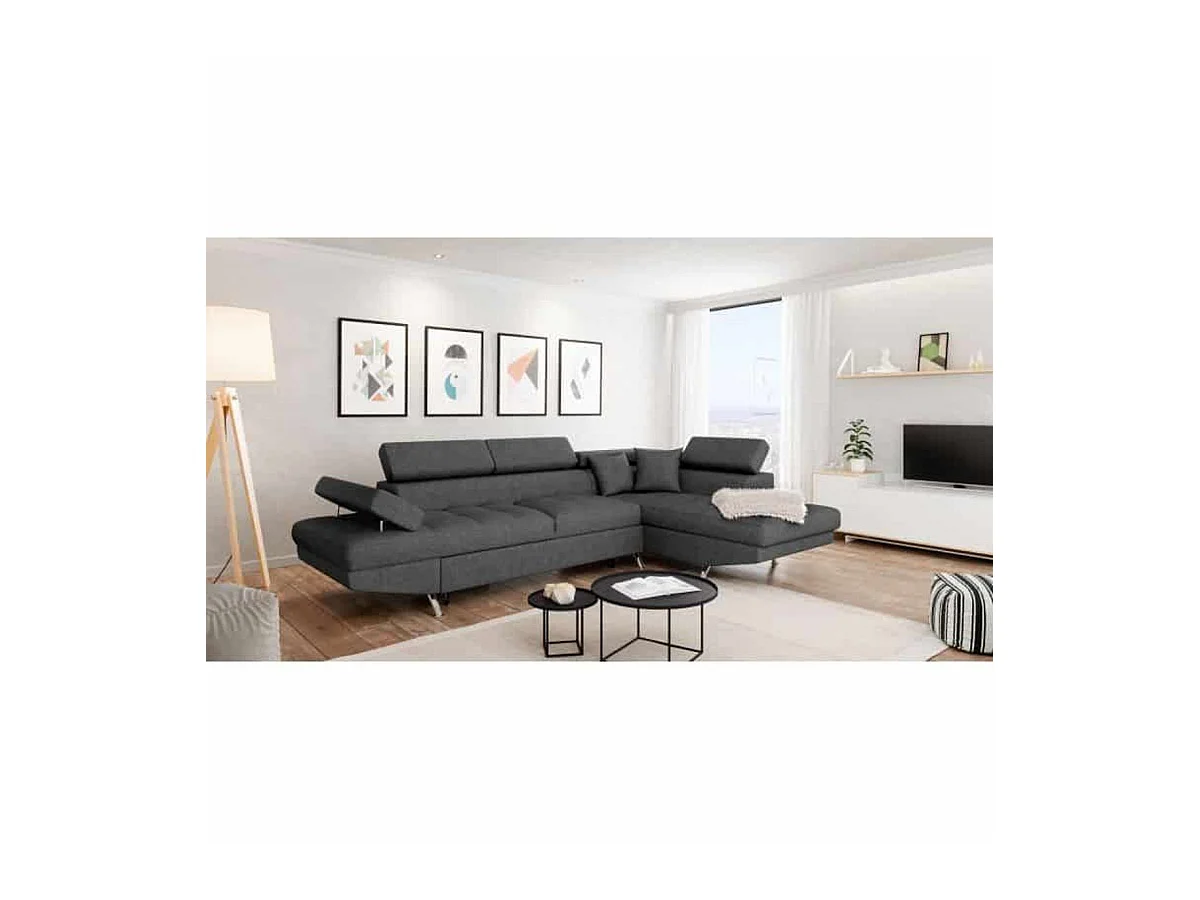 Canapé d'angle convertible 5 places en tissu gris anthracite