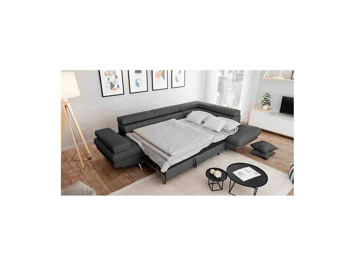 Canapé d'angle convertible 5 places en tissu gris anthracite